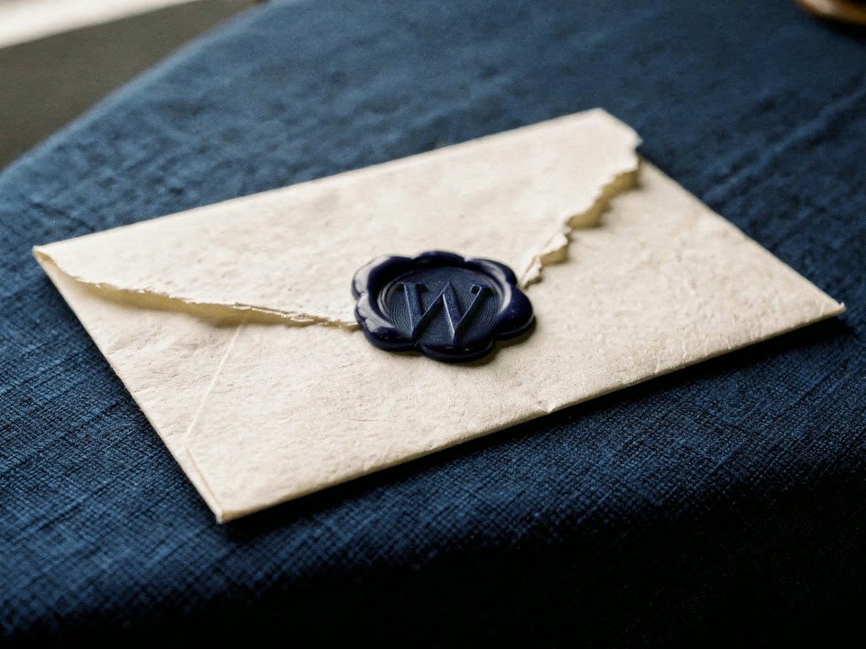A letter of handmade paper, sealed with ultramarine wax and the letter W, on dark blue linen.