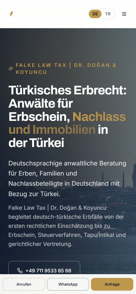 Home page of the new website on a phone, German version