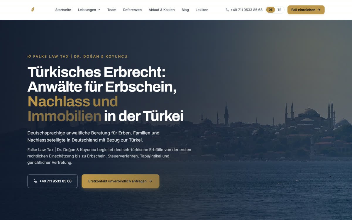 Home page of the redesigned Erbrecht Türkei website on a desktop screen