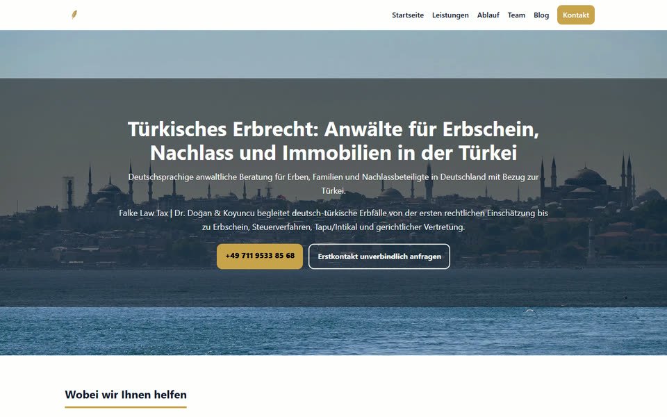 Home page of the previous Erbrecht Türkei website on a desktop screen