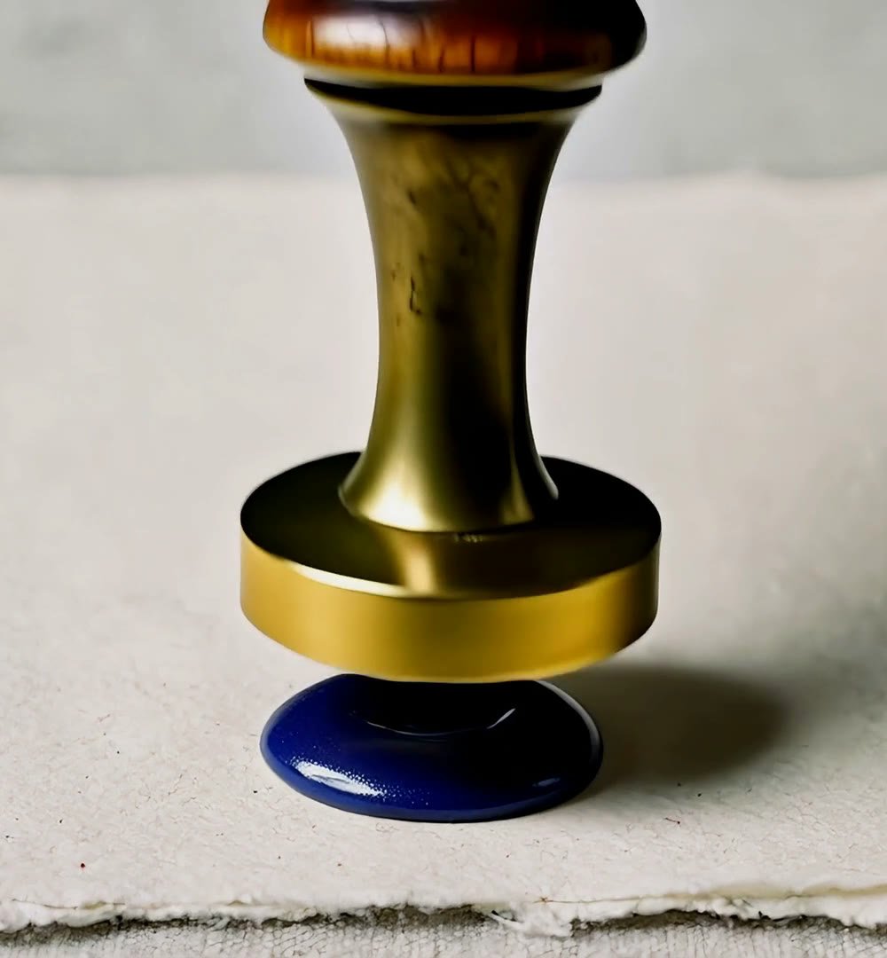 A brass seal stamp with a wooden handle presses into ultramarine sealing wax.